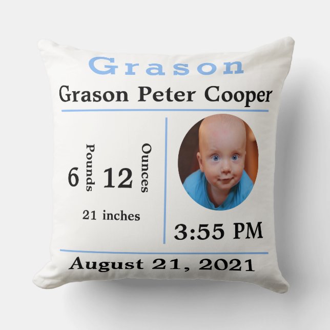 Baby Boy Birth Statistics Photo Template Chair Throw Pillow (Front)