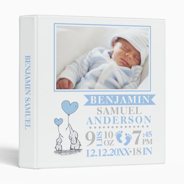 Baby Boy Birth Stats Blue Grey Keepsake PHOTO Binder (Front/Spine)