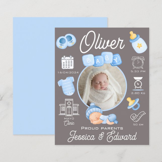 Baby Boy Birth Stats Blue Grey Newborn Modern  (Front/Back)
