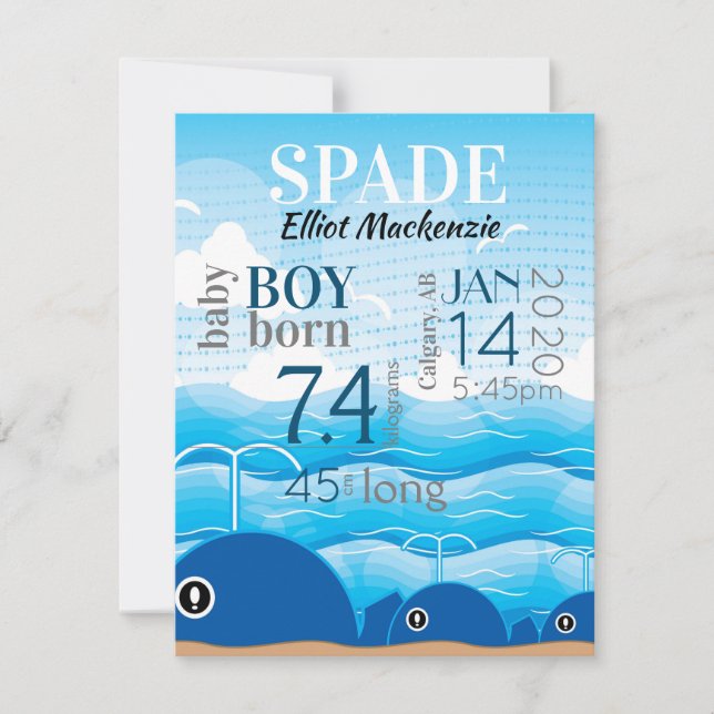 Baby Boy Birth Stats Faire-part Blue Whales Card (Devant)