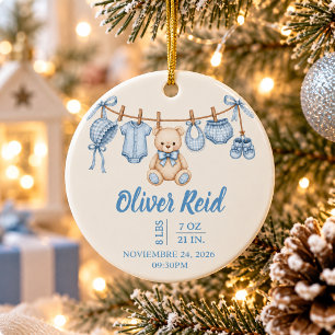 Baby Boy Birth Stats Teddy Bear Blue Clothesline Ceramic Ornament