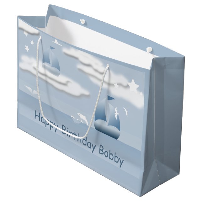 Baby Boy Birthday Sailboat LGB Large Gift Bag (Front Angled)