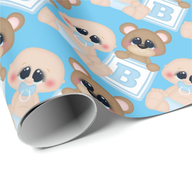 Baby boy block bear wrapping paper (Roll Corner)
