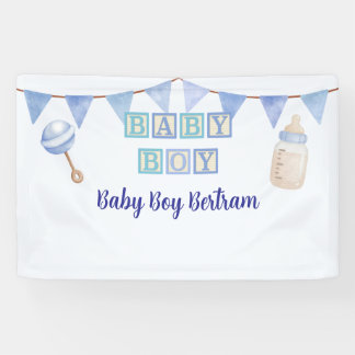 Baby Boy Blocks, Blue Watercolor Baby Shower Banner