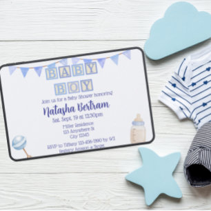 Baby Boy Blocks, Blue Watercolor Baby Shower Invitation
