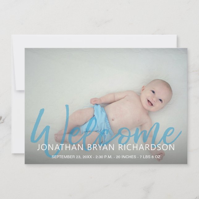 Baby Boy Blue 2 Photo Welcome Birth Announcement (Front)