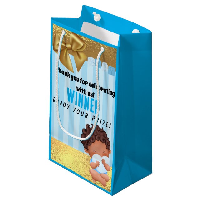Baby Boy Blue and Gold Babyshower Game Prize Gift Small Gift Bag (Front Angled)