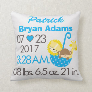 Baby Boy Blue Animal Polka Dot Birth Date Time Throw Pillow