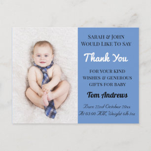 Baby Boy Blue Announcement Thank You Postcard