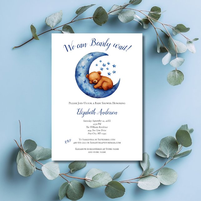 Baby Boy Blue Bear Moon Bearly Wait Baby Shower  Invitation (Baby Boy Baby Shower invitation, We Can Bearly Wait, Baby Bear in Blue Moon with Stars)
