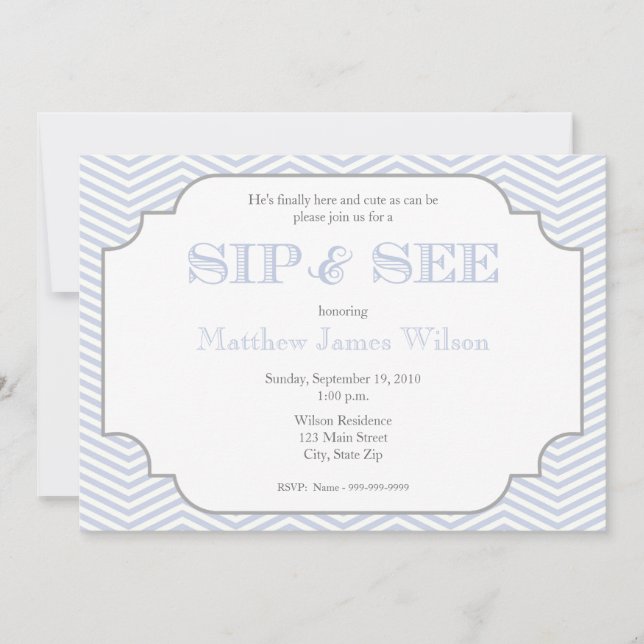 Baby Boy Blue Chevron Sip and See Invitation (Front)