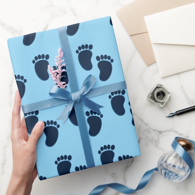 Baby Boy Blue Faux Embroidery Print Pattern Wrapping Paper (Gifting)