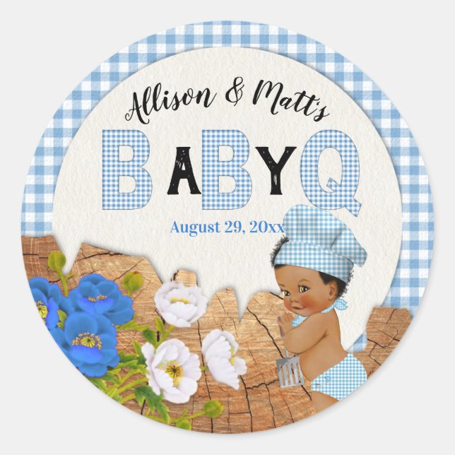 Baby Boy Blue Gingham Wood Floral Baby Q BBQ Class Classic Round Sticker (Front)
