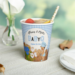 Baby Boy Blue Gingham Wood Floral Baby Q BBQ Paper Cups