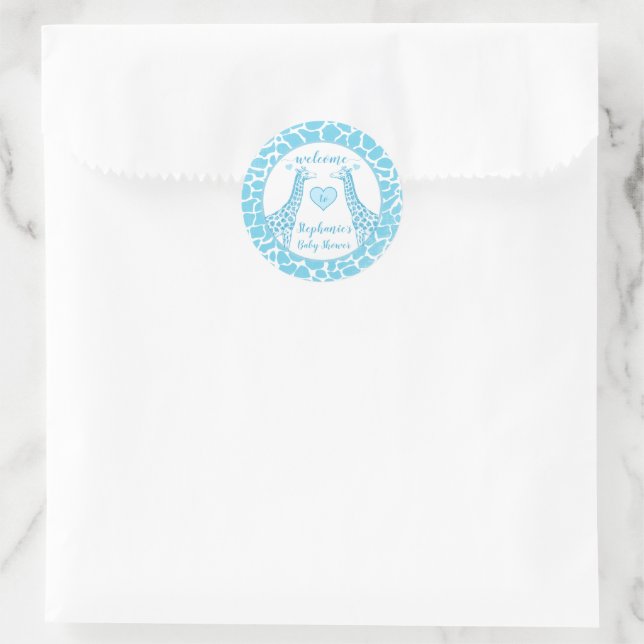Baby Boy Blue Giraffe Baby Shower Classic Round Sticker (Bag)