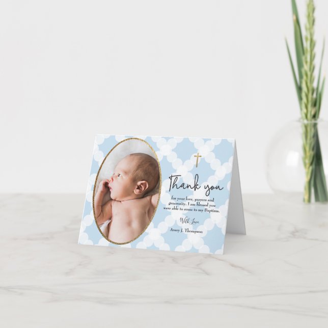 Baby Boy blue gold baptism thank you Modern (Front)