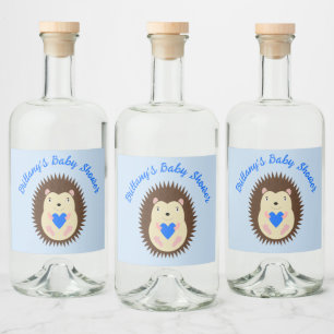 Baby Boy Blue Heart Hedgehog Baby Shower Liquor Bottle Label