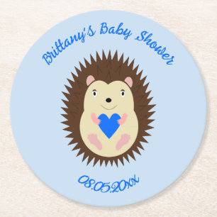 Baby Boy Blue Heart Hedgehog Baby Shower Round Paper Coaster
