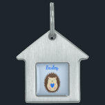 Baby Boy Blue Heart Hedgehog Custom Pet ID Tag<br><div class="desc">This awesome pet tag features a digital art image of a cute brown spiky baby boy hedgehog with brown eyelids and a big smile, holding a blue heart. A great design for celebrating a baby Boy. There is custom text so you can personalize this design with the name of the...</div>