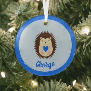 Baby Boy Blue Heart Hedgehog First Xmas Glass Ornament