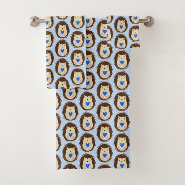 Baby Boy Blue Heart Hedgehog Patterned Bath Towel Set (Insitu)