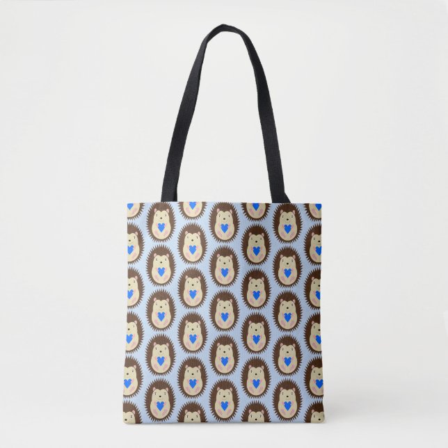 Baby Boy Blue Heart Hedgehog Patterned Tote Bag (Front)