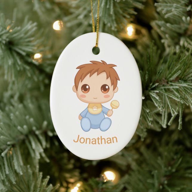 Baby Boy Blue Jumpsuit, Custom Name and Photo Ceramic Ornament (Tree)