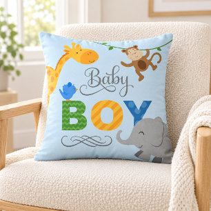 Baby Boy Blue Jungle Animals Nursery Throw Pillow