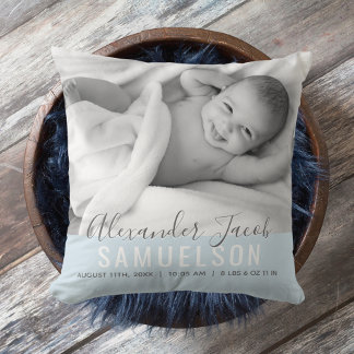 BABY Boy Blue Keepsake Name Birth Date PHOTO Throw Pillow