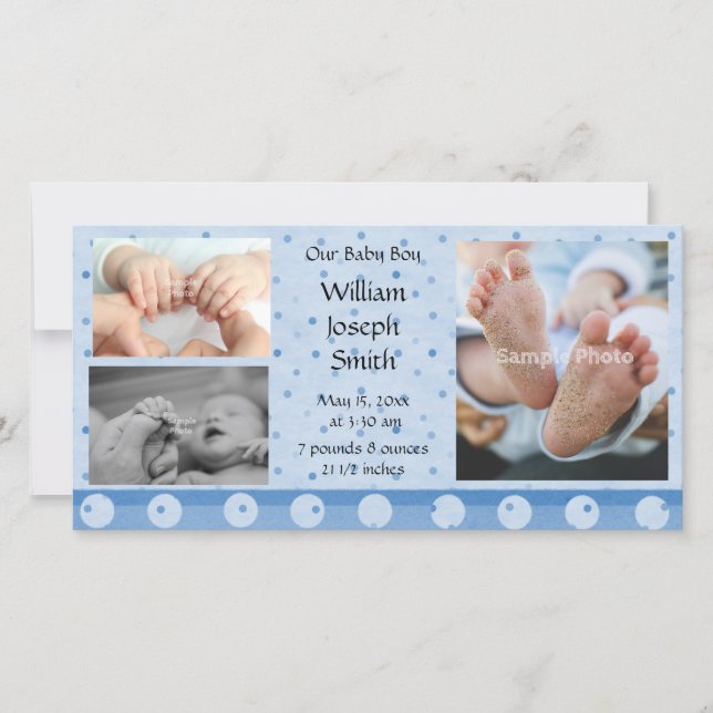 Baby Boy Blue Polka Dot Photo Card Announcement (Front)