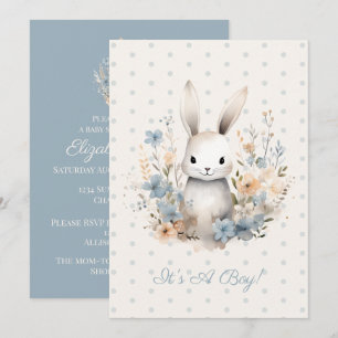 Baby Boy Blue Rabbit and Flowers Baby Shower Invitation