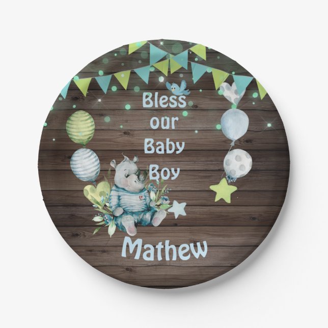 Baby Boy Blue Rhino Paper Plate (Front)