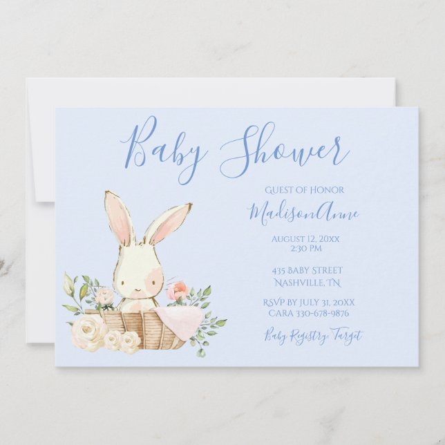 Baby Boy Blue Script Cute Bunny Baby Invitation (Front)