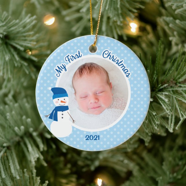Baby Boy Blue Snowman First Christmas Photo Ceramic Ornament (Tree)