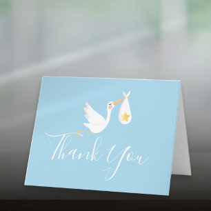Baby Boy Blue Stork Gold Star Script Thank You Card