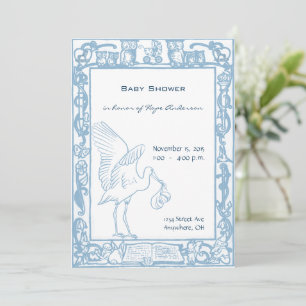 Baby Boy Blue Stork & Owl Border Shower Invitation