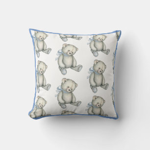 Baby Boy Blue Teddy Bear Watercolor Nursery Throw Pillow