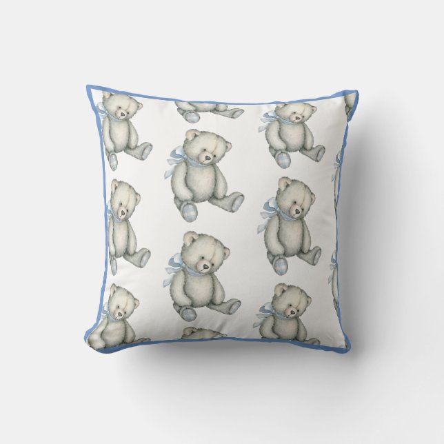 Baby Boy Blue Teddy Bear Watercolor Nursery Throw Pillow (Front)