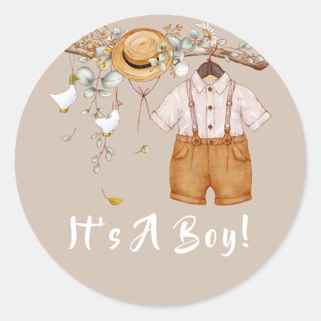 Baby Boy Boho Rustic Greenery  Classic Round Sticker (Front)