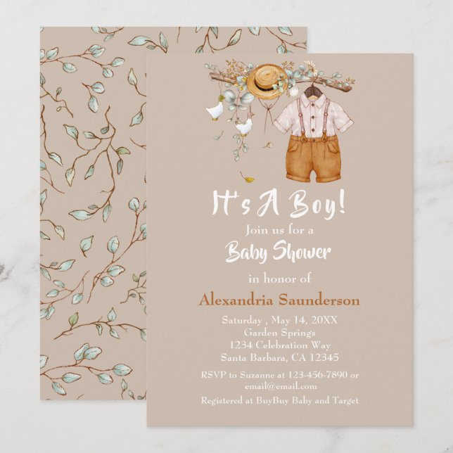 Baby Boy Boho Rustic Greenery Invitation (Front/Back)