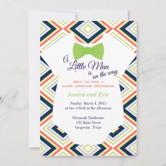 Baby Boy Bow Tie Onsie with Colourful Design Invitation (Front)
