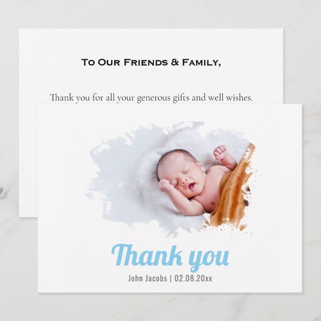 Baby boy, brushed photo effect, thank you card (Front/Back)