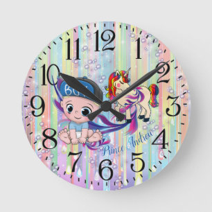 Baby Boy Bubbles & unicorns Round Clock