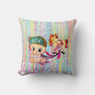 Baby Boy Bubbles & unicorns Throw Pillow