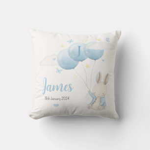 Baby Boy Bunny Cushion, Nursery Decor For Baby Boy Throw Pillow