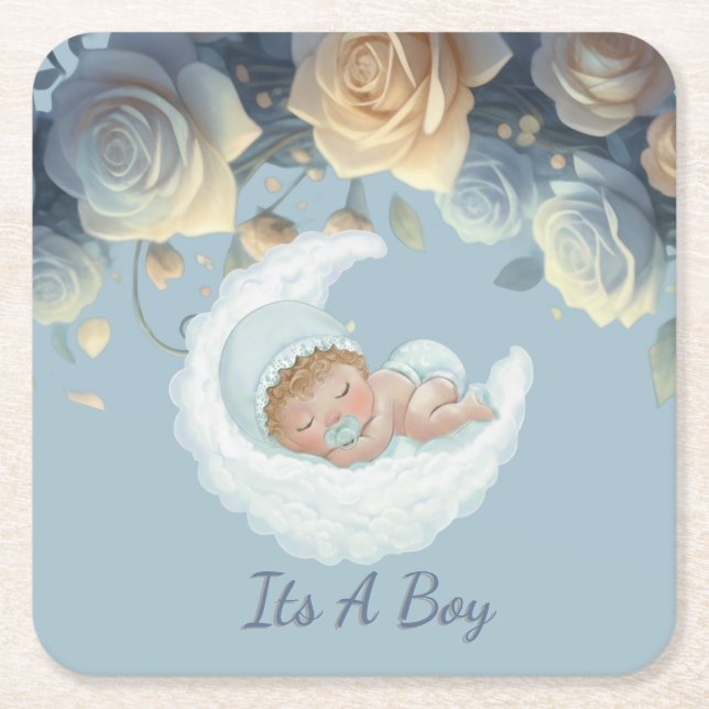 Baby Boy Celebration Square Paper Coaster (Front)
