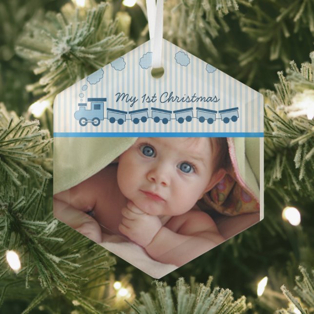 Baby Boy Choo Choo Train Photo Birth Stat Keepsake Glass Ornament (Insitu)
