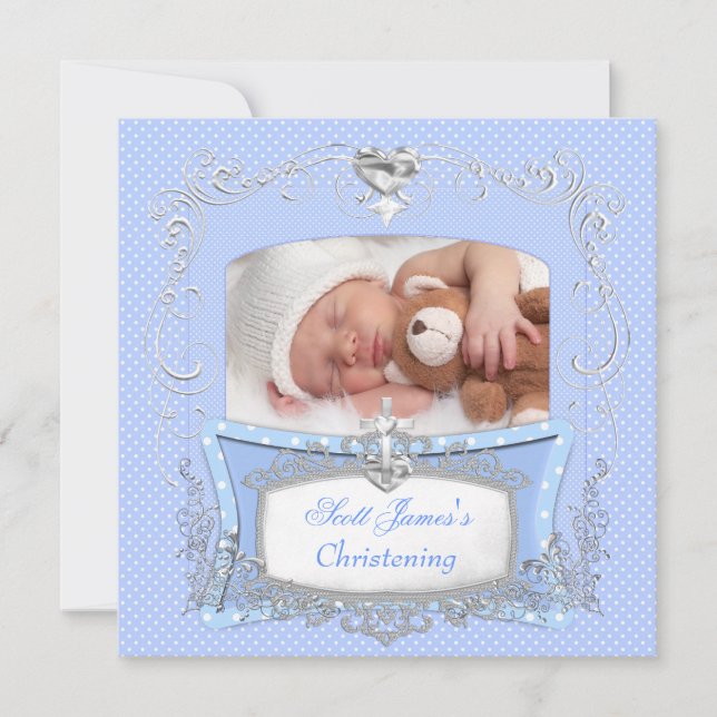 Baby Boy Christening Baptism Blue Polka Dot Announcement (Front)