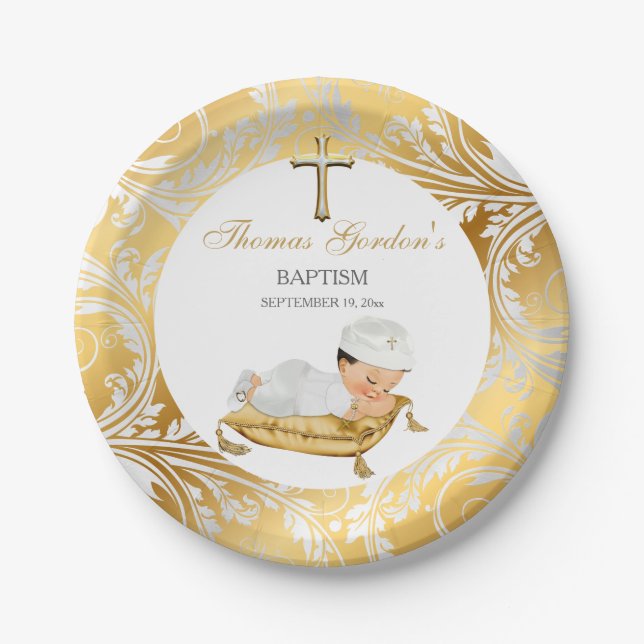 Baby Boy Christening Baptism Gold Silver Paper Plate (Front)