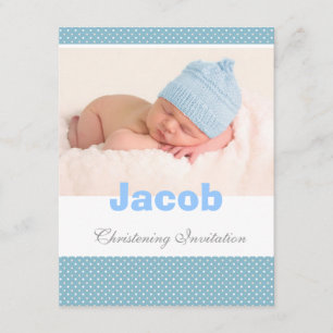 Baby boy christening invitation, blue, white polka invitation